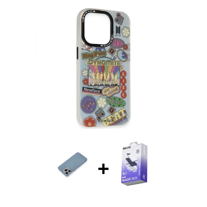 MARSİLYAN™- iPhone 13 Pro Max Kılıf Siluet Çizgi Koleksiyonu - Siyah Bilvis 5in1 5D Magic Hayalet Cam Ekran Koruyucu + Gökkuşağı Shine Kamera Lens Koruma Cam