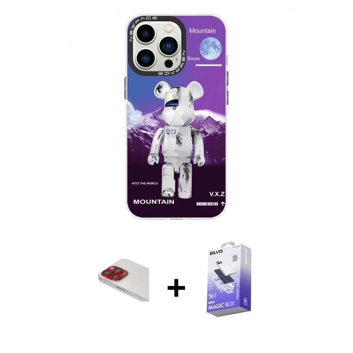 MARSİLYAN™- iPhone 13 Pro Max Kılıf Siluet Çizgi Koleksiyonu - Siyah Bilvis 5in1 5D Magic Hayalet Cam Ekran Koruyucu + Pers Alüminyum Kamera Lens - KI
