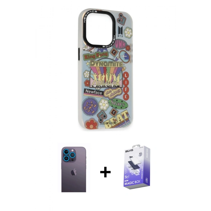 MARSİLYAN™- iPhone 13 Pro Max Kılıf Siluet Çizgi Koleksiyonu - Siyah Bilvis 5in1 5D Magic Hayalet Cam Ekran Koruyucu + Mavi Neon Fosforlu Kamera Lens