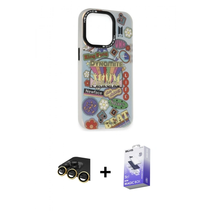 MARSİLYAN™- iPhone 13 Pro Max Kılıf Siluet Çizgi Koleksiyonu - Siyah Bilvis 5in1 5D Magic Hayalet Cam Ekran Koruyucu + Raze Metal Kamera Lens - GD