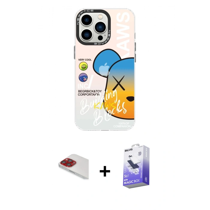 MARSİLYAN™- iPhone 13 Pro Max Kılıf Siluet Çizgi Koleksiyonu - Siyah Bilvis 5in1 5D Magic Hayalet Cam Ekran Koruyucu + Pers Alüminyum Kamera Lens - KI