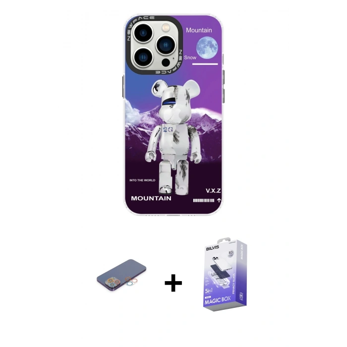 MARSİLYAN™- iPhone 13 Pro Max Kılıf Siluet Çizgi Koleksiyonu - Siyah Bilvis 5in1 5D Magic Hayalet Cam Ekran Koruyucu + Renkli Kamera Lens Koruma Cam - PE