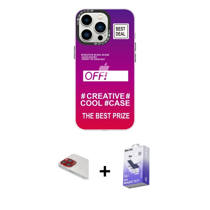 MARSİLYAN™- iPhone 13 Pro Max Kılıf Siluet Çizgi Koleksiyonu - Siyah Bilvis 5in1 5D Magic Hayalet Cam Ekran Koruyucu + Pers Alüminyum Kamera Lens - KI