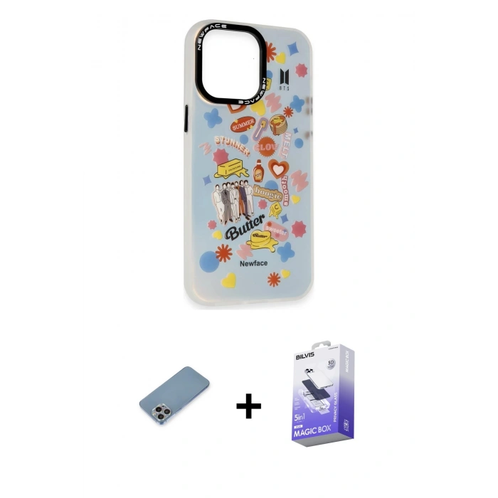 MARSİLYAN™- iPhone 13 Pro Max Kılıf Siluet Çizgi Koleksiyonu - Siyah Bilvis 5in1 5D Magic Hayalet Cam Ekran Koruyucu + Gökkuşağı Shine Kamera Lens Koruma Cam