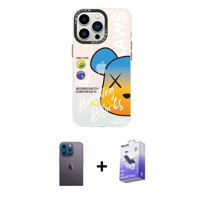 MARSİLYAN™- iPhone 13 Pro Max Kılıf Siluet Çizgi Koleksiyonu - Siyah Bilvis 5in1 5D Magic Hayalet Cam Ekran Koruyucu + Mavi Neon Fosforlu Kamera Lens