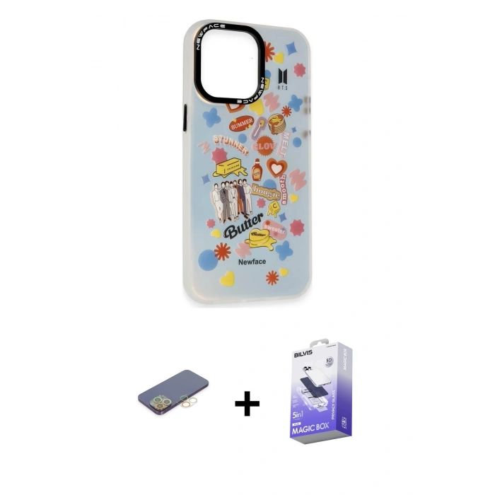 MARSİLYAN™- iPhone 13 Pro Max Kılıf Siluet Çizgi Koleksiyonu - Siyah Bilvis 5in1 5D Magic Hayalet Cam Ekran Koruyucu + Renkli Kamera Lens Koruma Cam - SI