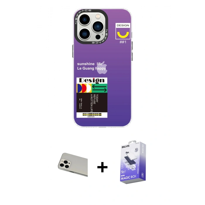 MARSİLYAN™- iPhone 13 Pro Max Kılıf Siluet Çizgi Koleksiyonu - Siyah Bilvis 5in1 5D Magic Hayalet Cam Ekran Koruyucu + Rainbow Kamera Lens Koruma Cam - BZ