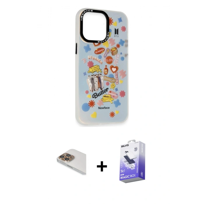 MARSİLYAN™- iPhone 13 Pro Max Kılıf Siluet Çizgi Koleksiyonu - Siyah Bilvis 5in1 5D Magic Hayalet Cam Ekran Koruyucu + Pers Alüminyum Kamera Lens - GD