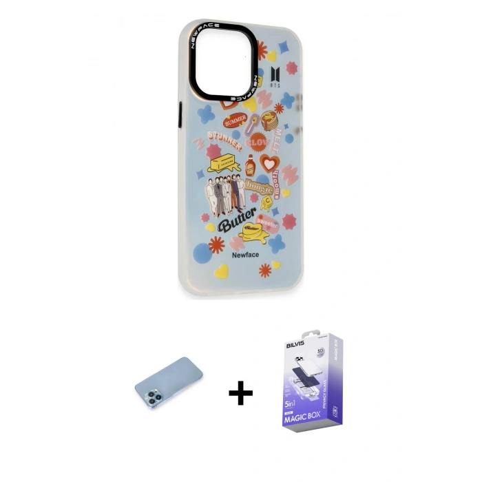 MARSİLYAN™- iPhone 13 Pro Max Kılıf Siluet Çizgi Koleksiyonu - Siyah Bilvis 5in1 5D Magic Hayalet Cam Ekran Koruyucu + Mavi Shine Kamera Lens Koruma Cam