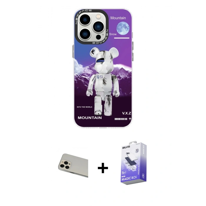 MARSİLYAN™- iPhone 13 Pro Max Kılıf Siluet Çizgi Koleksiyonu - Siyah Bilvis 5in1 5D Magic Hayalet Cam Ekran Koruyucu + Rose Gold Rainbow Kamera Lens Koruma Cam