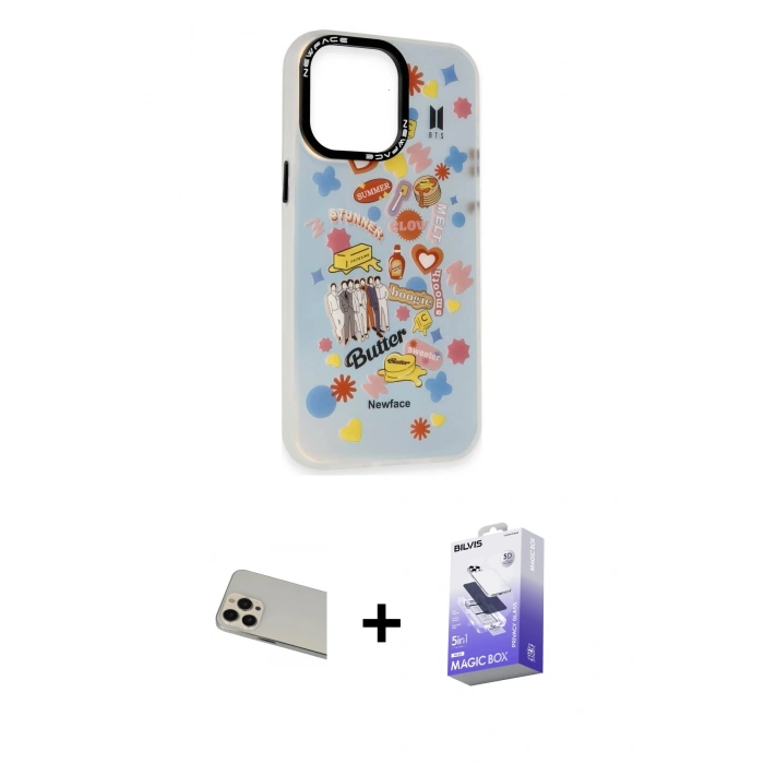 MARSİLYAN™- iPhone 13 Pro Max Kılıf Siluet Çizgi Koleksiyonu - Siyah Bilvis 5in1 5D Magic Hayalet Cam Ekran Koruyucu + Rose Gold Rainbow Kamera Lens Koruma Cam