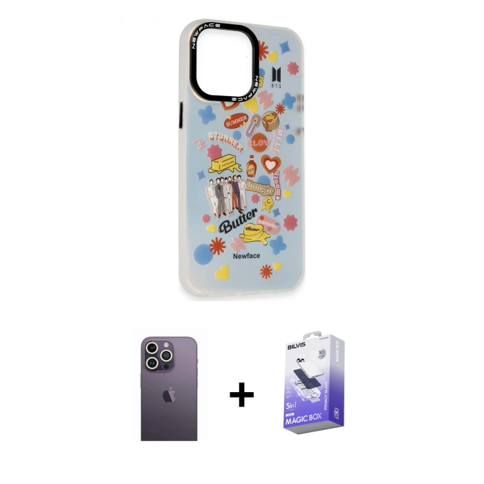 MARSİLYAN™- iPhone 13 Pro Max Kılıf Siluet Çizgi Koleksiyonu - Siyah Bilvis 5in1 5D Magic Hayalet Cam Ekran Koruyucu + Neon Fosforlu Kamera Lens - BZ
