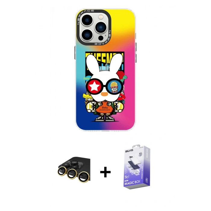 MARSİLYAN™- iPhone 13 Pro Max Kılıf Siluet Çizgi Koleksiyonu - Siyah Bilvis 5in1 5D Magic Hayalet Cam Ekran Koruyucu + Raze Metal Kamera Lens - GD