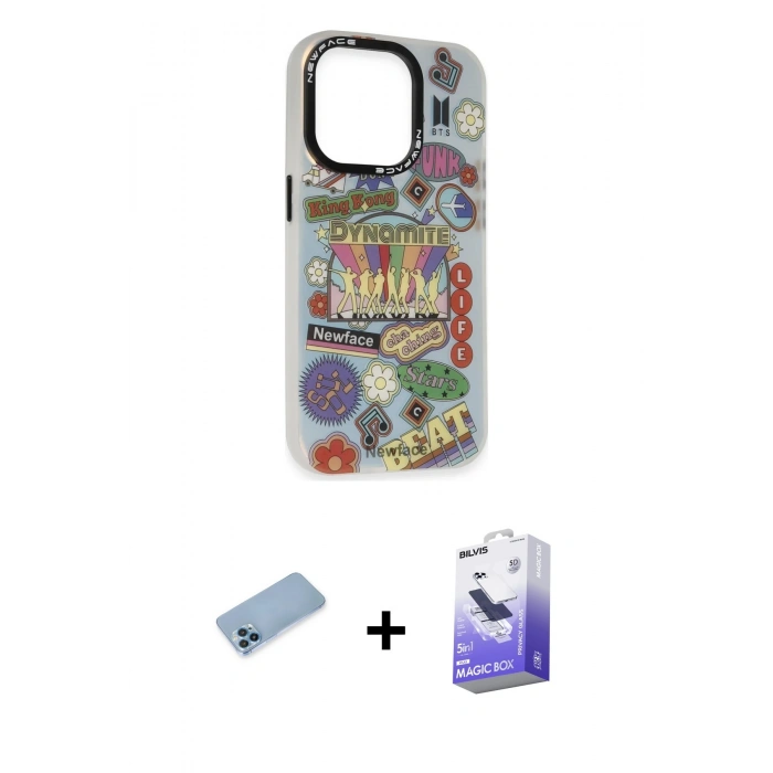 MARSİLYAN™- iPhone 13 Pro Max Kılıf Siluet Çizgi Koleksiyonu - Siyah Bilvis 5in1 5D Magic Hayalet Cam Ekran Koruyucu + Mavi Shine Kamera Lens Koruma Cam