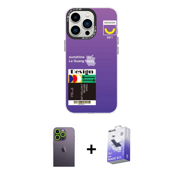 MARSİLYAN™- iPhone 13 Pro Max Kılıf Siluet Çizgi Koleksiyonu - Siyah Bilvis 5in1 5D Magic Hayalet Cam Ekran Koruyucu + Neon Fosforlu Kamera Lens - YL