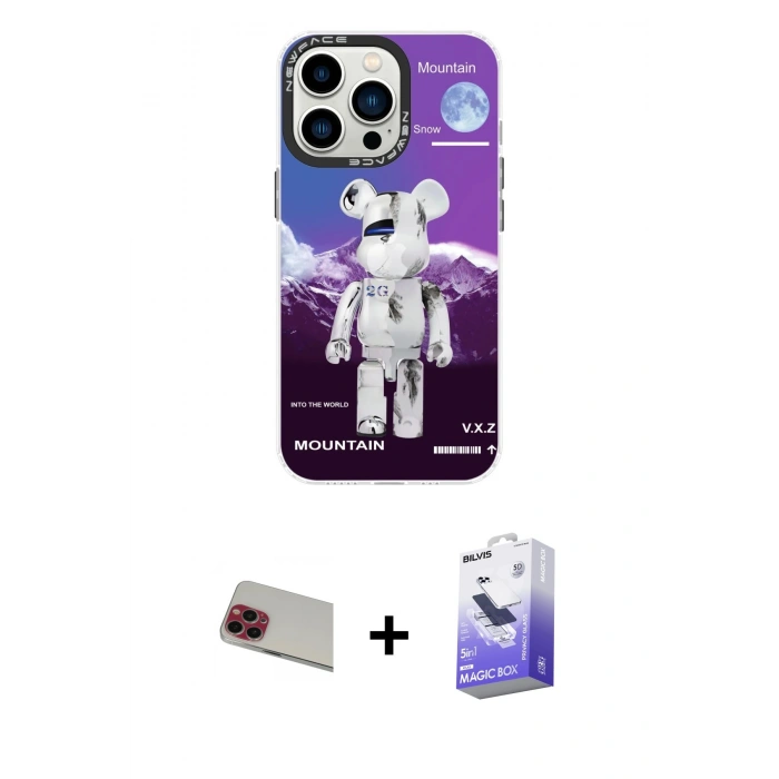 MARSİLYAN™- iPhone 13 Pro Max Kılıf Siluet Çizgi Koleksiyonu - Siyah Bilvis 5in1 5D Magic Hayalet Cam Ekran Koruyucu + Rainbow Kamera Lens Koruma Cam - KI