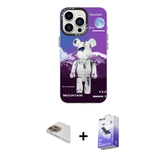 MARSİLYAN™- iPhone 13 Pro Max Kılıf Siluet Çizgi Koleksiyonu - Siyah Bilvis 5in1 5D Magic Hayalet Cam Ekran Koruyucu + Pers Alüminyum Kamera Lens - GD