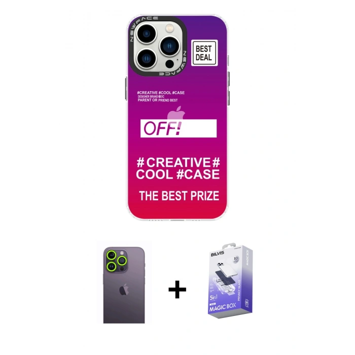 MARSİLYAN™- iPhone 13 Pro Max Kılıf Siluet Çizgi Koleksiyonu - Siyah Bilvis 5in1 5D Magic Hayalet Cam Ekran Koruyucu + Neon Fosforlu Kamera Lens - YL