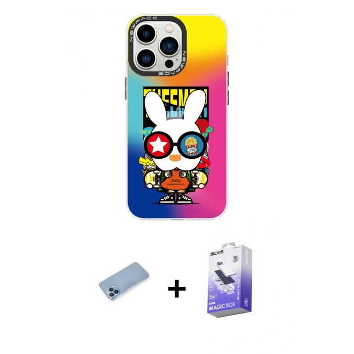 MARSİLYAN™- iPhone 13 Pro Max Kılıf Siluet Çizgi Koleksiyonu - Siyah Bilvis 5in1 5D Magic Hayalet Cam Ekran Koruyucu + Mavi Shine Kamera Lens Koruma Cam