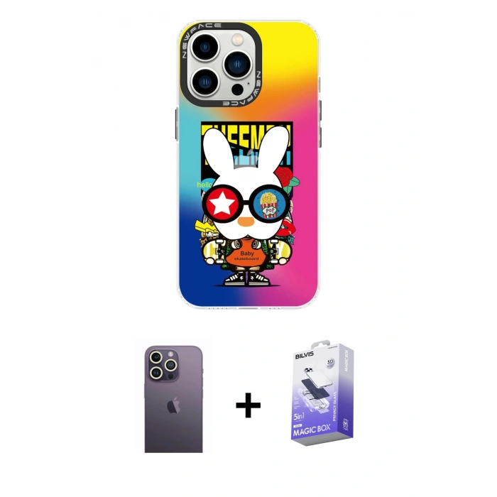 MARSİLYAN™- iPhone 13 Pro Max Kılıf Siluet Çizgi Koleksiyonu - Siyah Bilvis 5in1 5D Magic Hayalet Cam Ekran Koruyucu + Neon Fosforlu Kamera Lens - BZ
