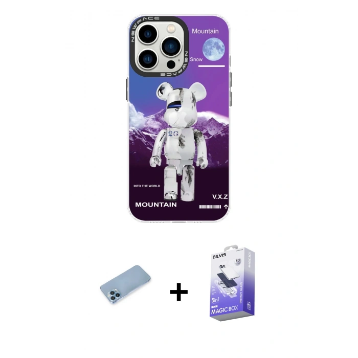 MARSİLYAN™- iPhone 13 Pro Max Kılıf Siluet Çizgi Koleksiyonu - Siyah Bilvis 5in1 5D Magic Hayalet Cam Ekran Koruyucu + Mavi Shine Kamera Lens Koruma Cam