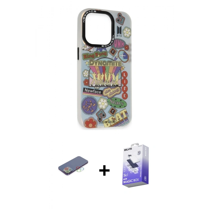 MARSİLYAN™- iPhone 13 Pro Max Kılıf Siluet Çizgi Koleksiyonu - Siyah Bilvis 5in1 5D Magic Hayalet Cam Ekran Koruyucu + Renkli Kamera Lens Koruma Cam - MI