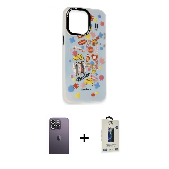 MARSİLYAN™- iPhone 13 Pro Max Kılıf Siluet Çizgi Koleksiyonu - Siyah Bilvis Hayalet Cam Ekran Koruyucu + Neon Fosforlu Kamera Lens - BZ