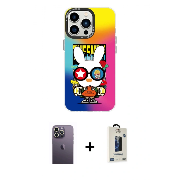 MARSİLYAN™- iPhone 13 Pro Max Kılıf Siluet Çizgi Koleksiyonu - Siyah Bilvis Hayalet Cam Ekran Koruyucu + Neon Fosforlu Kamera Lens - BZ