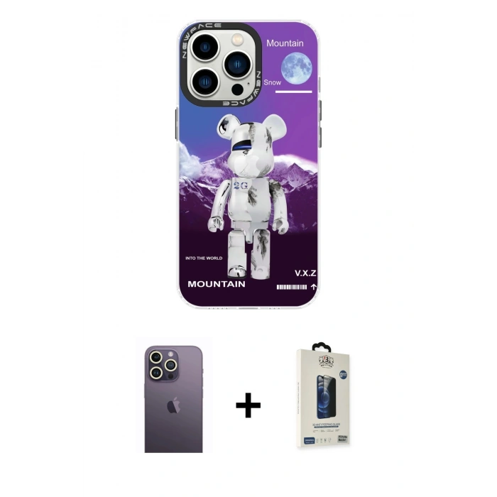 MARSİLYAN™- iPhone 13 Pro Max Kılıf Siluet Çizgi Koleksiyonu - Siyah Bilvis Hayalet Cam Ekran Koruyucu + Neon Fosforlu Kamera Lens - BZ