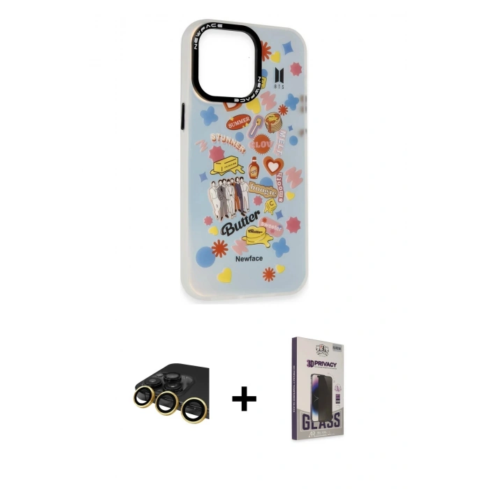 MARSİLYAN™- iPhone 13 Pro Max Kılıf Siluet Çizgi Koleksiyonu - Siyah Bilvis Hayalet Cam Ekran Koruyucu + Raze Metal Kamera Lens - GD