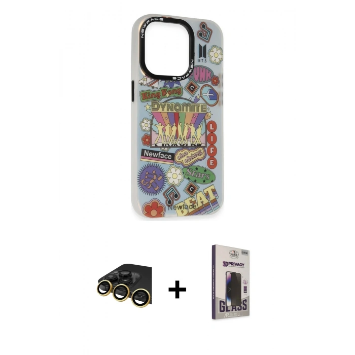 MARSİLYAN™- iPhone 13 Pro Max Kılıf Siluet Çizgi Koleksiyonu - Siyah Bilvis Hayalet Cam Ekran Koruyucu + Raze Metal Kamera Lens - GD