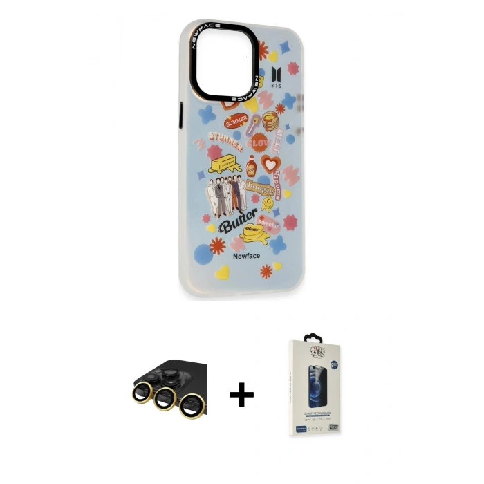 MARSİLYAN™- iPhone 13 Pro Max Kılıf Siluet Çizgi Koleksiyonu - Siyah Bilvis Hayalet Cam Ekran Koruyucu + Raze Metal Kamera Lens - GD