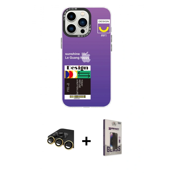 MARSİLYAN™- iPhone 13 Pro Max Kılıf Siluet Çizgi Koleksiyonu - Siyah Bilvis Hayalet Cam Ekran Koruyucu + Raze Metal Kamera Lens - GD