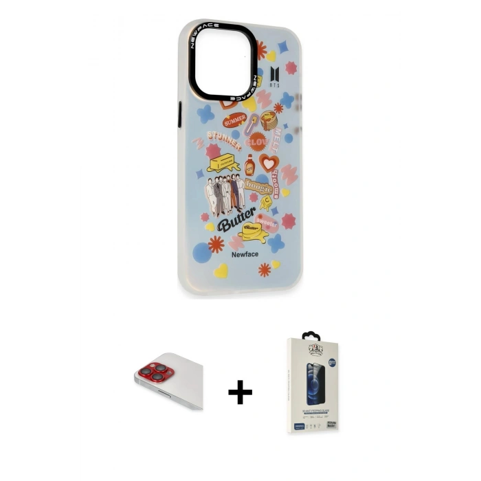 MARSİLYAN™- iPhone 13 Pro Max Kılıf Siluet Çizgi Koleksiyonu - Siyah Bilvis Hayalet Cam Ekran Koruyucu + Kırmızı Pers Alüminyum Kamera Lens