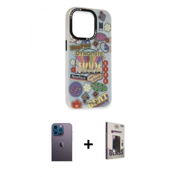 MARSİLYAN™- iPhone 13 Pro Max Kılıf Siluet Çizgi Koleksiyonu - Siyah Bilvis Hayalet Cam Ekran Koruyucu + Neon Fosforlu Kamera Lens - MI