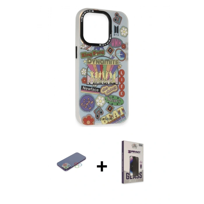 MARSİLYAN™- iPhone 13 Pro Max Kılıf Siluet Çizgi Koleksiyonu - Siyah Bilvis Hayalet Cam Ekran Koruyucu + Renkli Kamera Lens Koruma Cam - MI