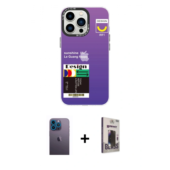 MARSİLYAN™- iPhone 13 Pro Max Kılıf Siluet Çizgi Koleksiyonu - Siyah Bilvis Hayalet Cam Ekran Koruyucu + Neon Fosforlu Kamera Lens - MI