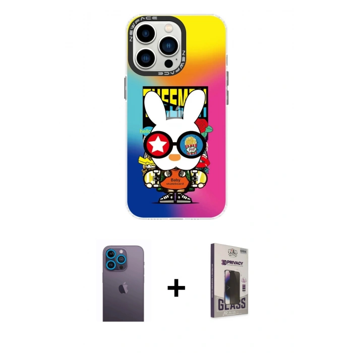 MARSİLYAN™- iPhone 13 Pro Max Kılıf Siluet Çizgi Koleksiyonu - Siyah Bilvis Hayalet Cam Ekran Koruyucu + Neon Fosforlu Kamera Lens - MI