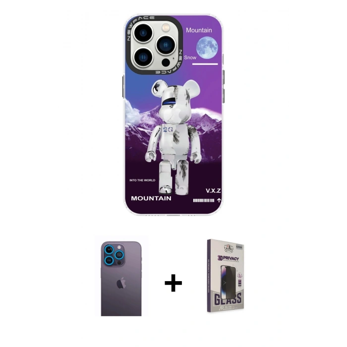 MARSİLYAN™- iPhone 13 Pro Max Kılıf Siluet Çizgi Koleksiyonu - Siyah Bilvis Hayalet Cam Ekran Koruyucu + Neon Fosforlu Kamera Lens - MI