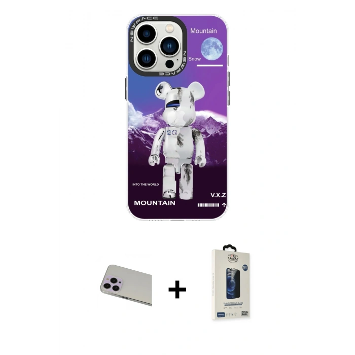 MARSİLYAN™- iPhone 13 Pro Max Kılıf Siluet Çizgi Koleksiyonu - Siyah Bilvis Hayalet Cam Ekran Koruyucu + Mor Rainbow Kamera Lens Koruma Cam