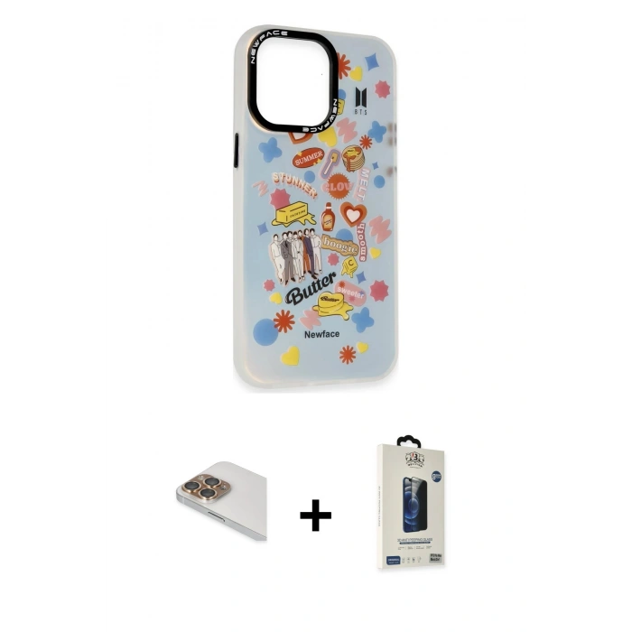 MARSİLYAN™- iPhone 13 Pro Max Kılıf Siluet Çizgi Koleksiyonu - Siyah Bilvis Hayalet Cam Ekran Koruyucu + Pers Alüminyum Kamera Lens - GD