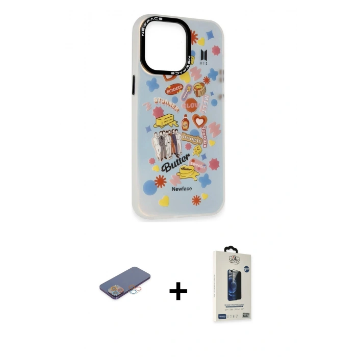 MARSİLYAN™- iPhone 13 Pro Max Kılıf Siluet Çizgi Koleksiyonu - Siyah Bilvis Hayalet Cam Ekran Koruyucu + Renkli Kamera Lens Koruma Cam - PE