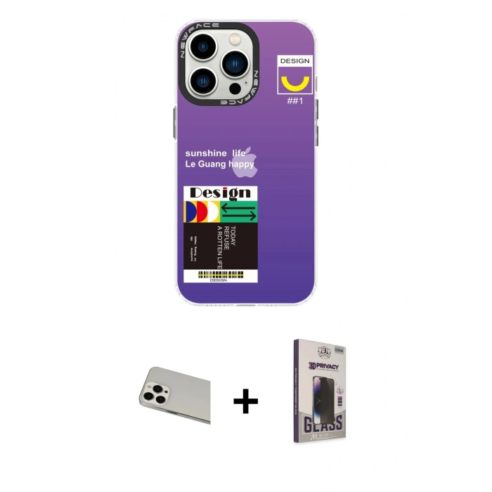 MARSİLYAN™- iPhone 13 Pro Max Kılıf Siluet Çizgi Koleksiyonu - Siyah Bilvis Hayalet Cam Ekran Koruyucu + Rainbow Kamera Lens Koruma Cam - BZ