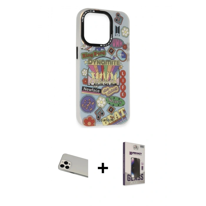 MARSİLYAN™- iPhone 13 Pro Max Kılıf Siluet Çizgi Koleksiyonu - Siyah Bilvis Hayalet Cam Ekran Koruyucu + Rainbow Kamera Lens Koruma Cam - BZ