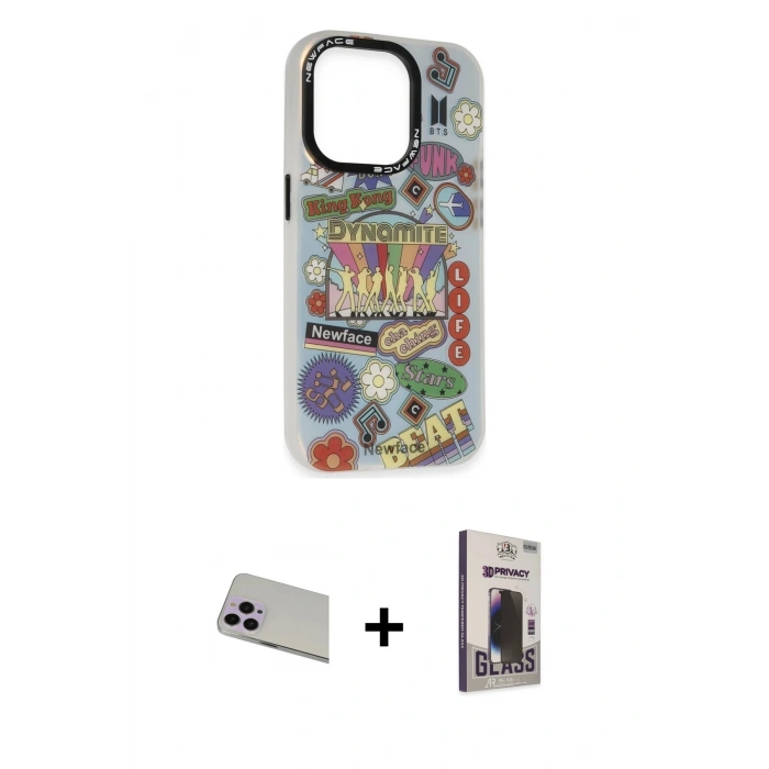 MARSİLYAN™- iPhone 13 Pro Max Kılıf Siluet Çizgi Koleksiyonu - Siyah Bilvis Hayalet Cam Ekran Koruyucu + Rainbow Kamera Lens Koruma Cam - MR