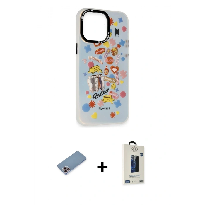 MARSİLYAN™- iPhone 13 Pro Max Kılıf Siluet Çizgi Koleksiyonu - Siyah Bilvis Hayalet Cam Ekran Koruyucu + Shine Kamera Lens Koruma Cam - PE