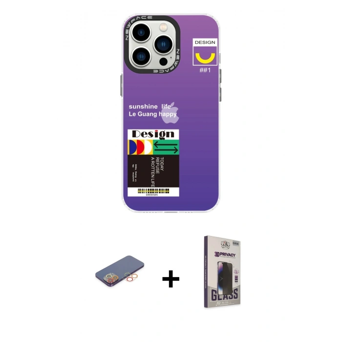 MARSİLYAN™- iPhone 13 Pro Max Kılıf Siluet Çizgi Koleksiyonu - Siyah Bilvis Hayalet Cam Ekran Koruyucu + Renkli Kamera Lens Koruma Cam - TU