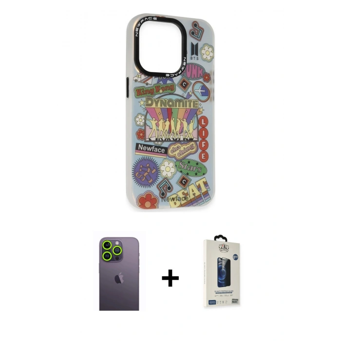MARSİLYAN™- iPhone 13 Pro Max Kılıf Siluet Çizgi Koleksiyonu - Siyah Bilvis Hayalet Cam Ekran Koruyucu + Neon Fosforlu Kamera Lens - YL