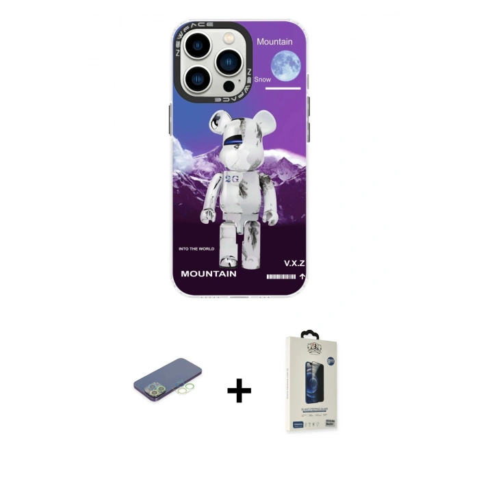 MARSİLYAN™- iPhone 13 Pro Max Kılıf Siluet Çizgi Koleksiyonu - Siyah Bilvis Hayalet Cam Ekran Koruyucu + Renkli Kamera Lens Koruma Cam - YL