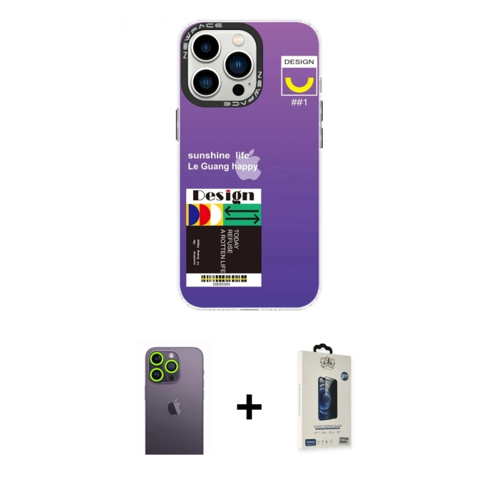 MARSİLYAN™- iPhone 13 Pro Max Kılıf Siluet Çizgi Koleksiyonu - Siyah Bilvis Hayalet Cam Ekran Koruyucu + Neon Fosforlu Kamera Lens - YL